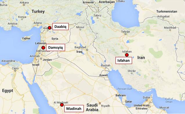 Peta menunjukkan lokasi beberapa tempat yang disebutkan di dalam hadith-hadith di atas.