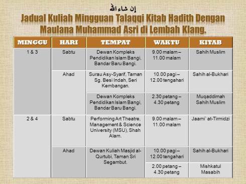 Jadual Kuliah Mingguan Talaqqi Kitab Hadith Dengan Maulana